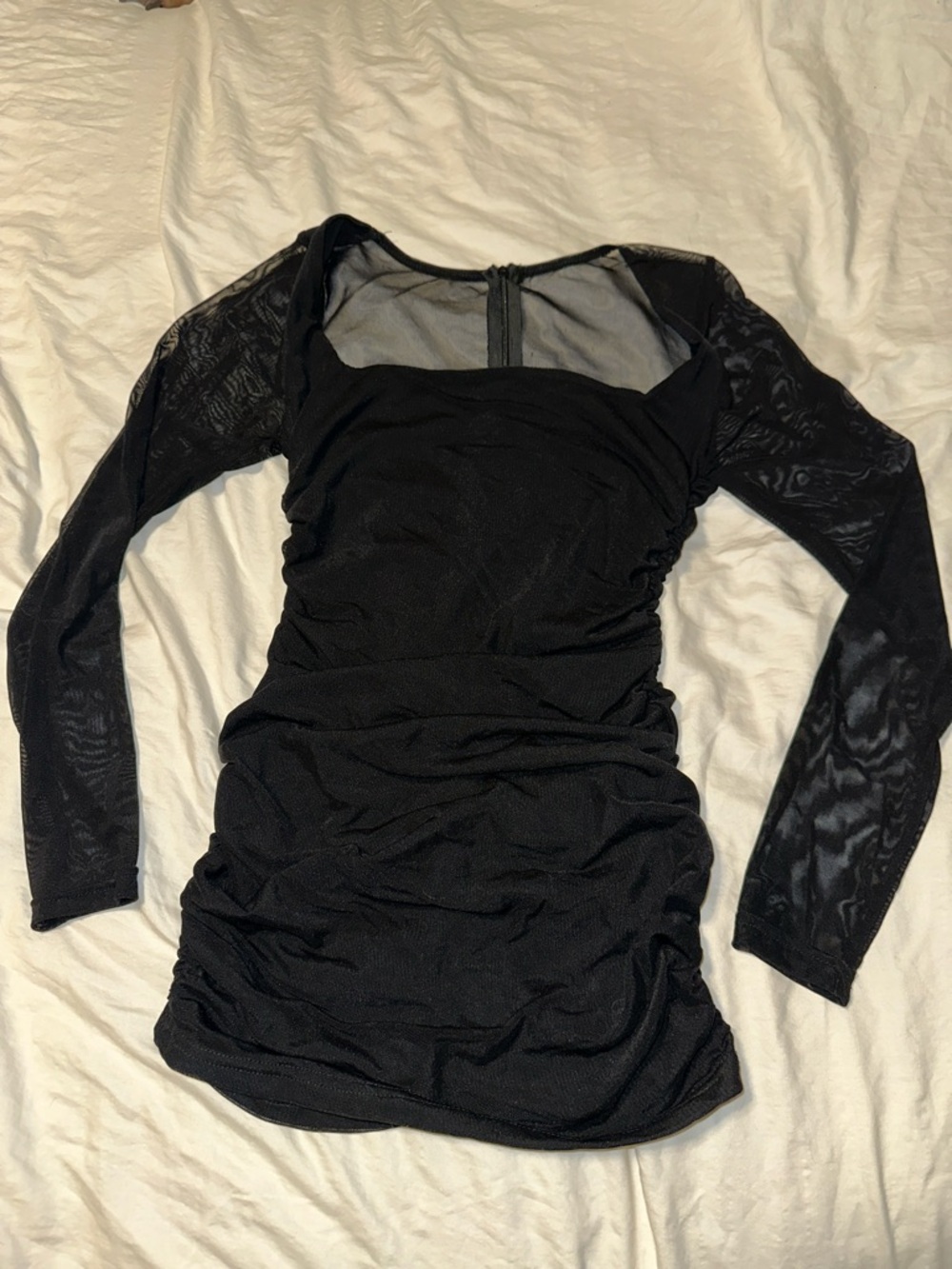 Long Sleeve Black Ruched Mesh-Sleeve Dress - Women's